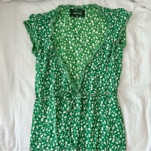 Reformation Floral Green Wrap Midi Dress with Cap Sleeves and Slit Sz Small